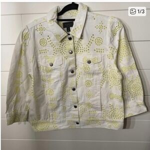 G by Giuliana White Yellow Eyelet Denim Jacket Womens Large 3/4 Sleeve